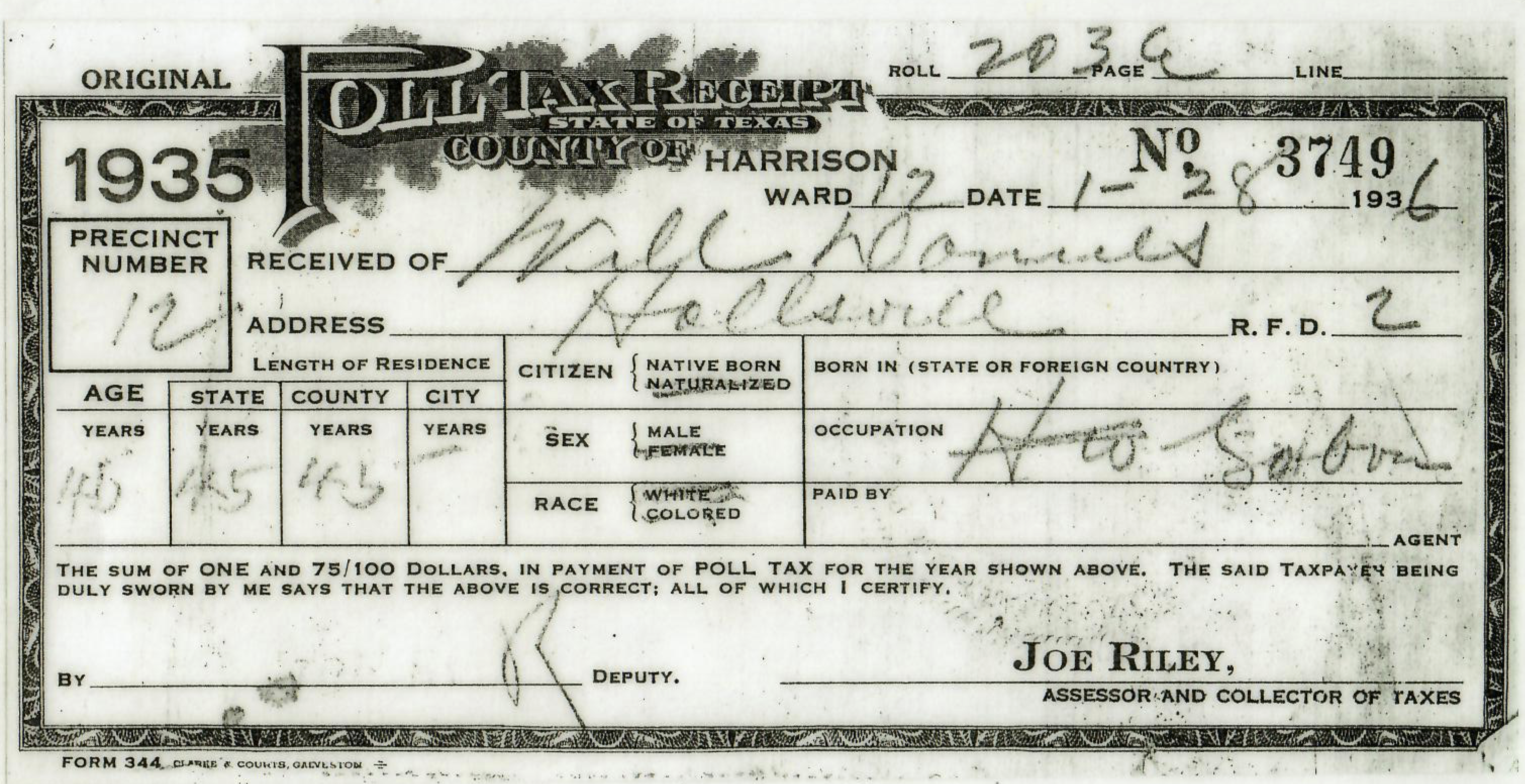 Poll tax receipt Texas 1936
