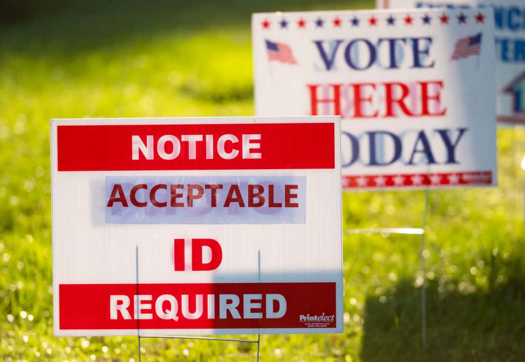 UNITED STATES - NOVEMBER 3: Signs greet voters at the Ruckersville Volunteer Fire Company vote location in Ruckersville, Va., on Election Day, Tuesday, Nov. 3, 2020.  (Photo By Bill Clark/CQ-Roll Call, Inc via Getty Images)