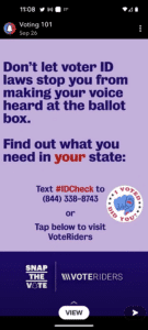 Screenshot of Snapchat Voting 101 information about voter ID from VoteRiders