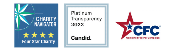 Seals and Logos showing: 4 Star Rating from Charity Navigator, Platinum Seal from Candid, and participation in the Combined Federal Campaign