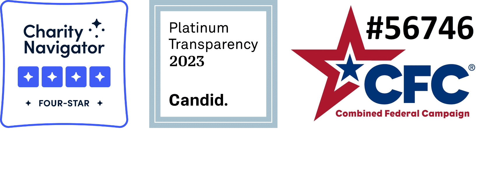 Seals and Logos showing: 4 Star Rating from Charity Navigator, Platinum Seal from Candid, and participation in the Combined Federal Campaign 